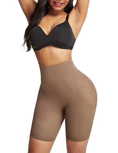 FeelinGirl Fajas Moldeadoras para Mujer con Clips de Sujetador Control Abdominal Glúteos Pantalones Cortos Faja sin Costura de Cintura Baja-Marrón M-L